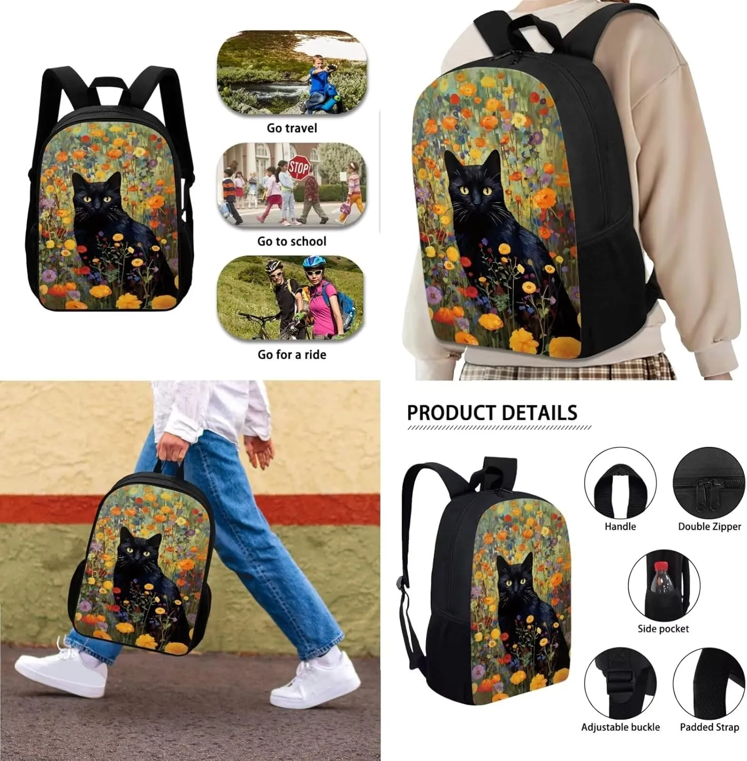 Xoenoiee Black Cat Floral Print School Backpack Set 3 Pieces Lightweight Teen Girls Boys Bookbags Lunch Bag Pencil Bag Students Back to School Gift