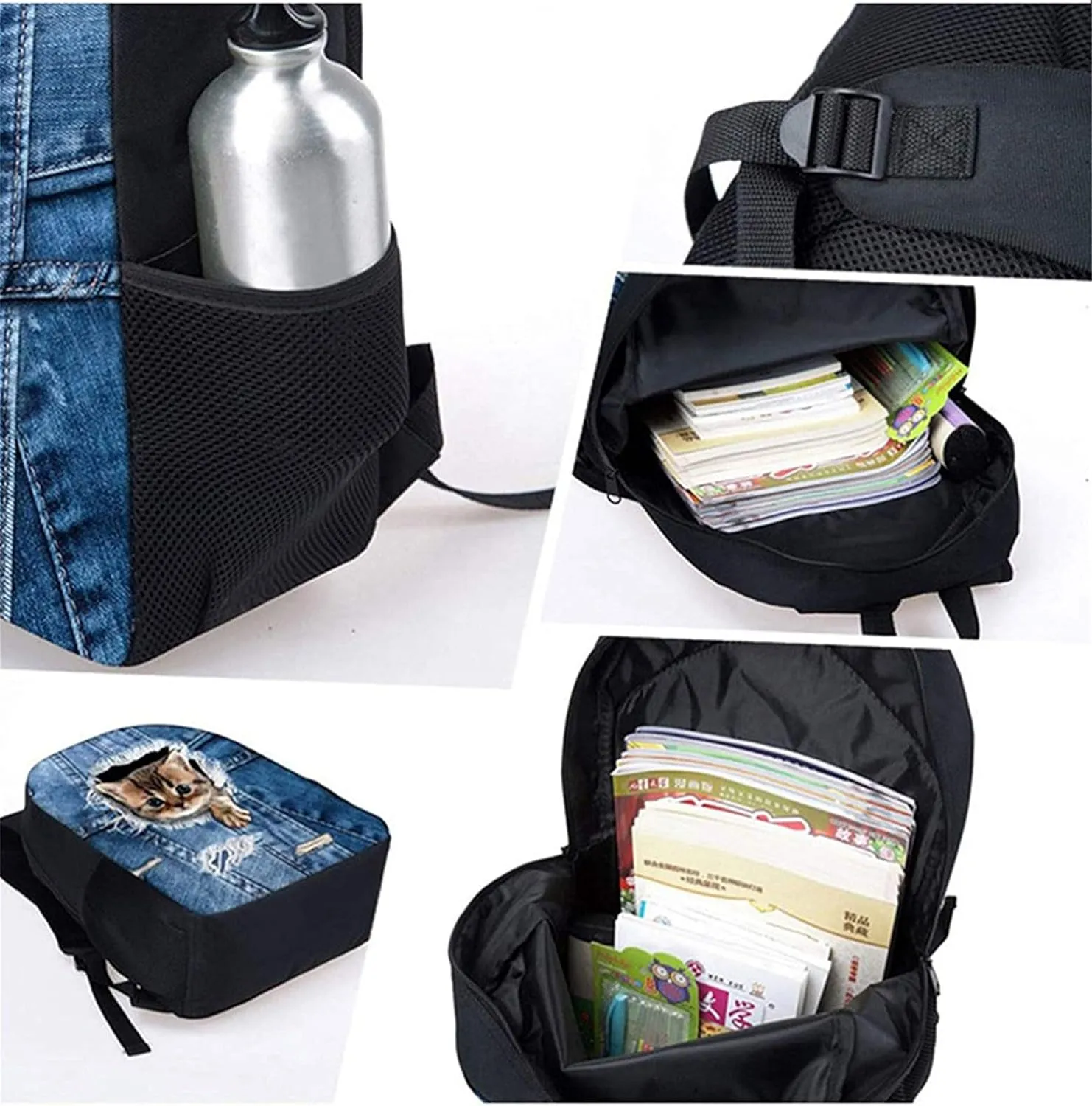 Xoenoiee Black Cat Floral Print School Backpack Set 3 Pieces Lightweight Teen Girls Boys Bookbags Lunch Bag Pencil Bag Students Back to School Gift