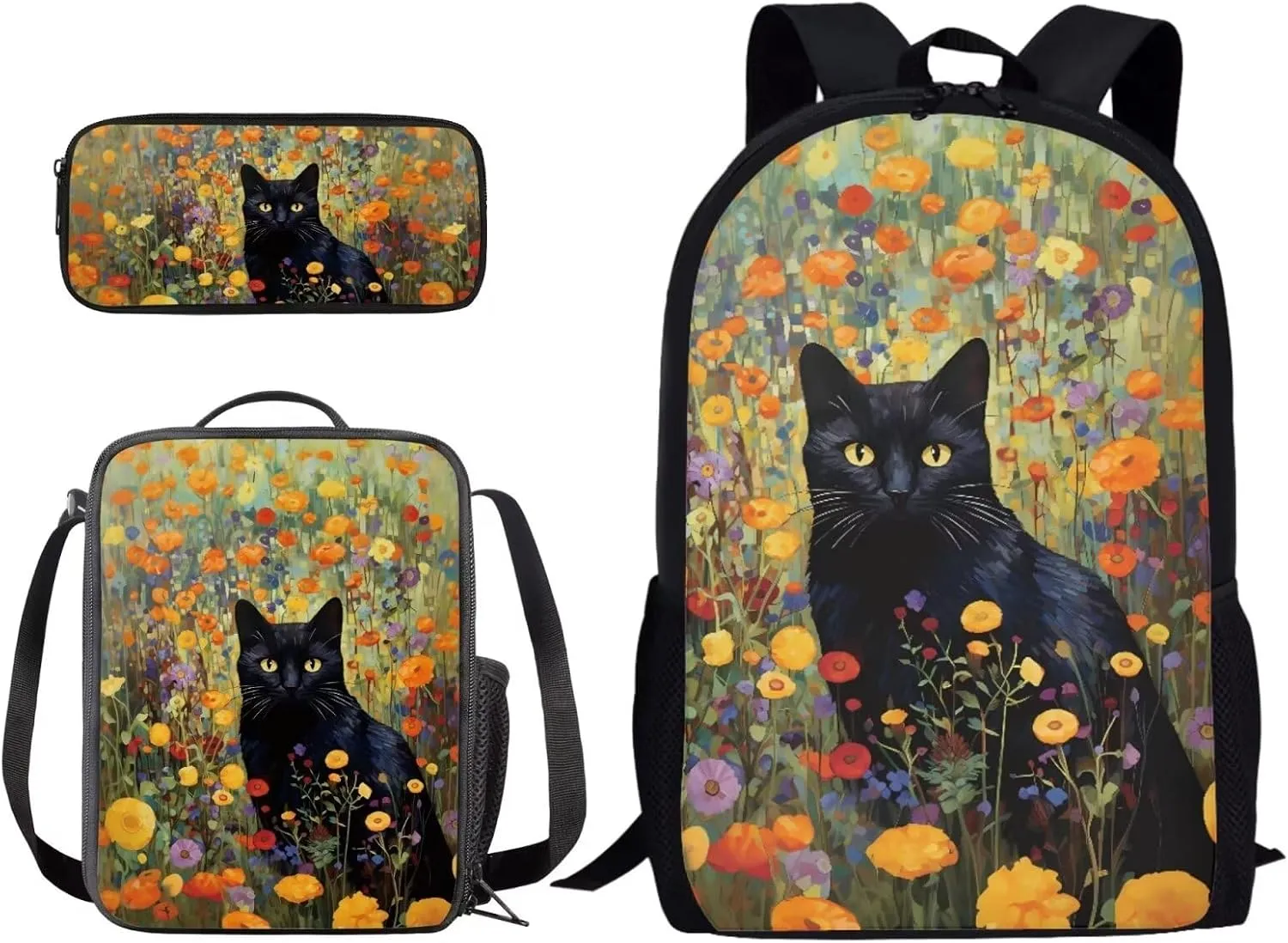 Xoenoiee Black Cat Floral Print School Backpack Set 3 Pieces Lightweight Teen Girls Boys Bookbags Lunch Bag Pencil Bag Students Back to School Gift