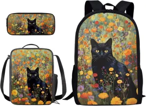 Xoenoiee Black Cat Floral Print School Backpack Set 3 Pieces Lightweight Teen Girls Boys Bookbags Lunch Bag Pencil Bag Students Back to School Gift