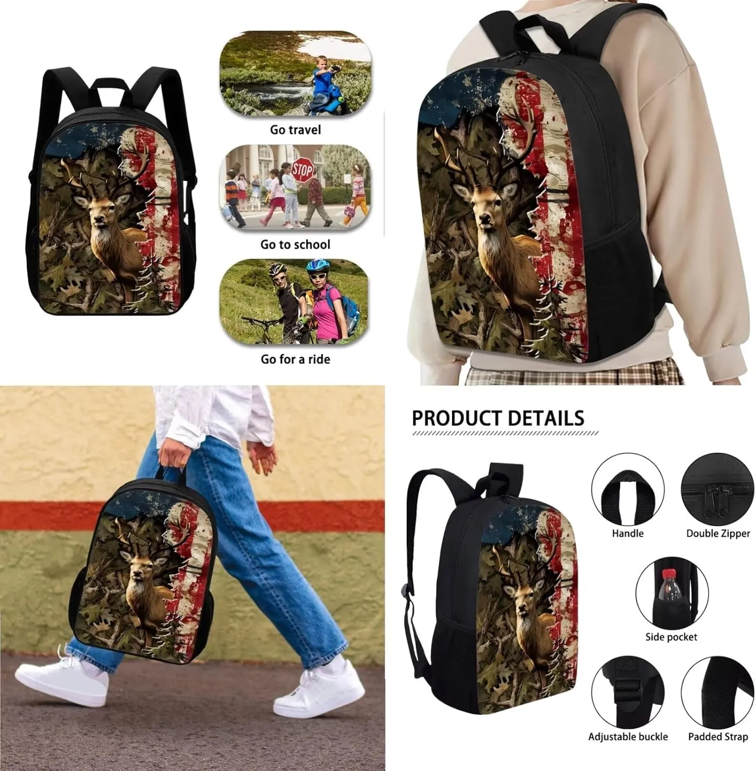 Xoenoiee Deer Flag Tree Leaf Print Kids Backpack Set for Boys Girls School Bookbag Lunch Bag Pencil Bag 3 in 1 Set Hiking Travel Daypack