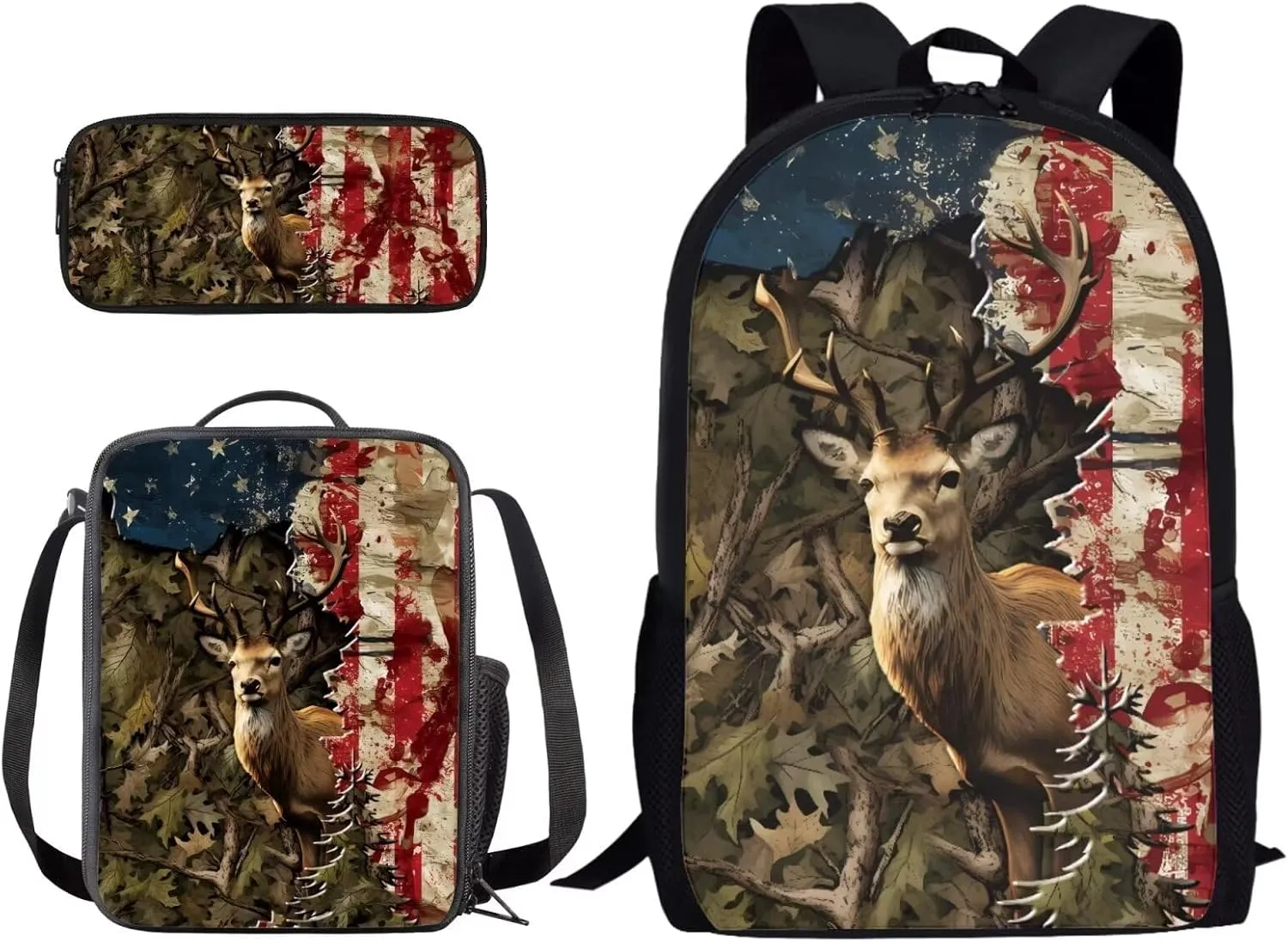 Xoenoiee Deer Flag Tree Leaf Print Kids Backpack Set for Boys Girls School Bookbag Lunch Bag Pencil Bag 3 in 1 Set Hiking Travel Daypack