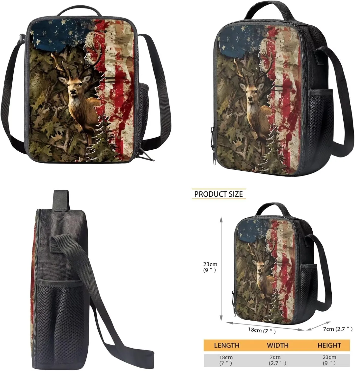 Xoenoiee Deer Flag Tree Leaf Print Kids Backpack Set for Boys Girls School Bookbag Lunch Bag Pencil Bag 3 in 1 Set Hiking Travel Daypack