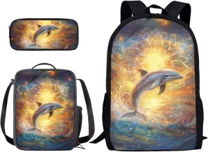 Xoenoiee Dolphin Mandala Sea Galaxy Pattern School Backpack 4 Pieces Set for Boys Girls with Lunch Box Pencil Bag Primary/Middle School Bag Teenager Bookbags