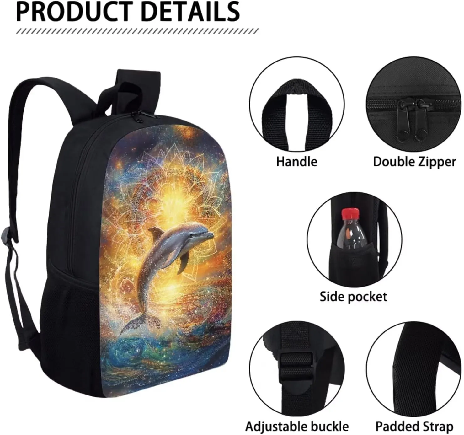 Xoenoiee Dolphin Mandala Sea Galaxy Pattern School Backpack 4 Pieces Set for Boys Girls with Lunch Box Pencil Bag Primary/Middle School Bag Teenager Bookbags