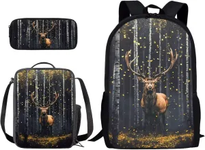 Xoenoiee Elk Forest Pattern School Backpack Set 4 Pieces Lightweight Teen Girls Boys Bookbags Lunch Bag Pencil Bag Students Back to School Gift