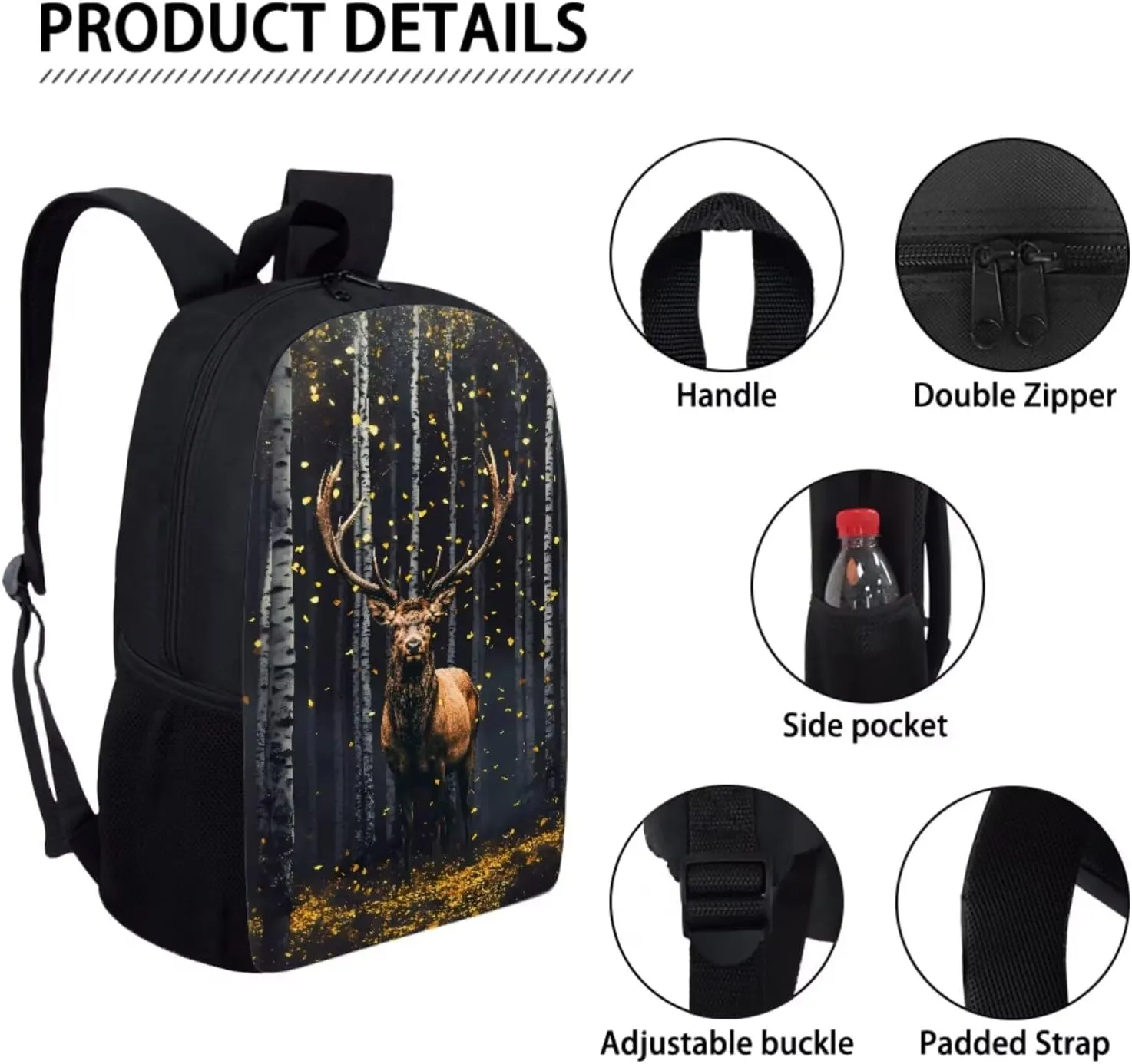 Xoenoiee Elk Forest Pattern School Backpack Set 4 Pieces Lightweight Teen Girls Boys Bookbags Lunch Bag Pencil Bag Students Back to School Gift