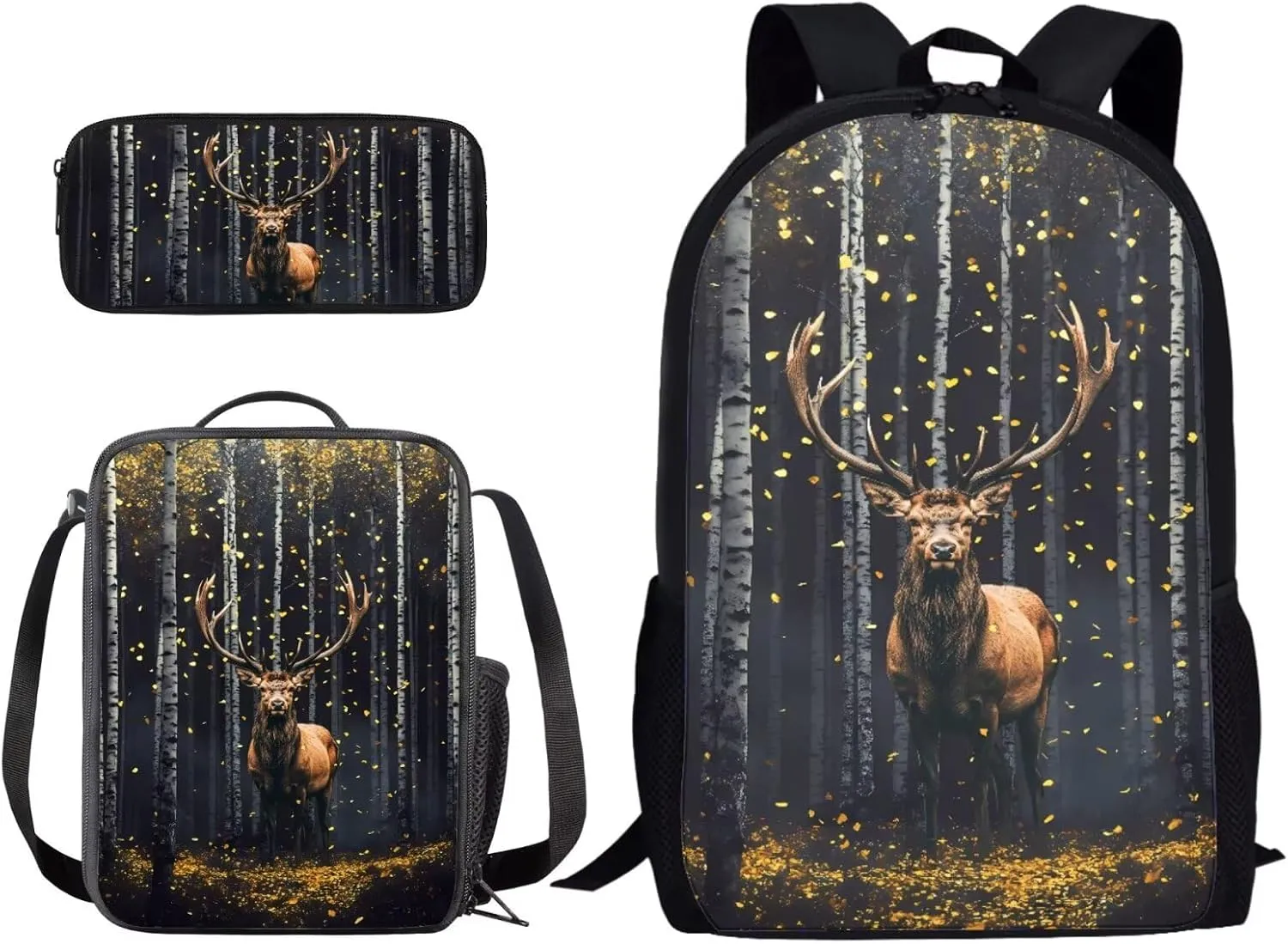 Xoenoiee Elk Forest Pattern School Backpack Set 4 Pieces Lightweight Teen Girls Boys Bookbags Lunch Bag Pencil Bag Students Back to School Gift