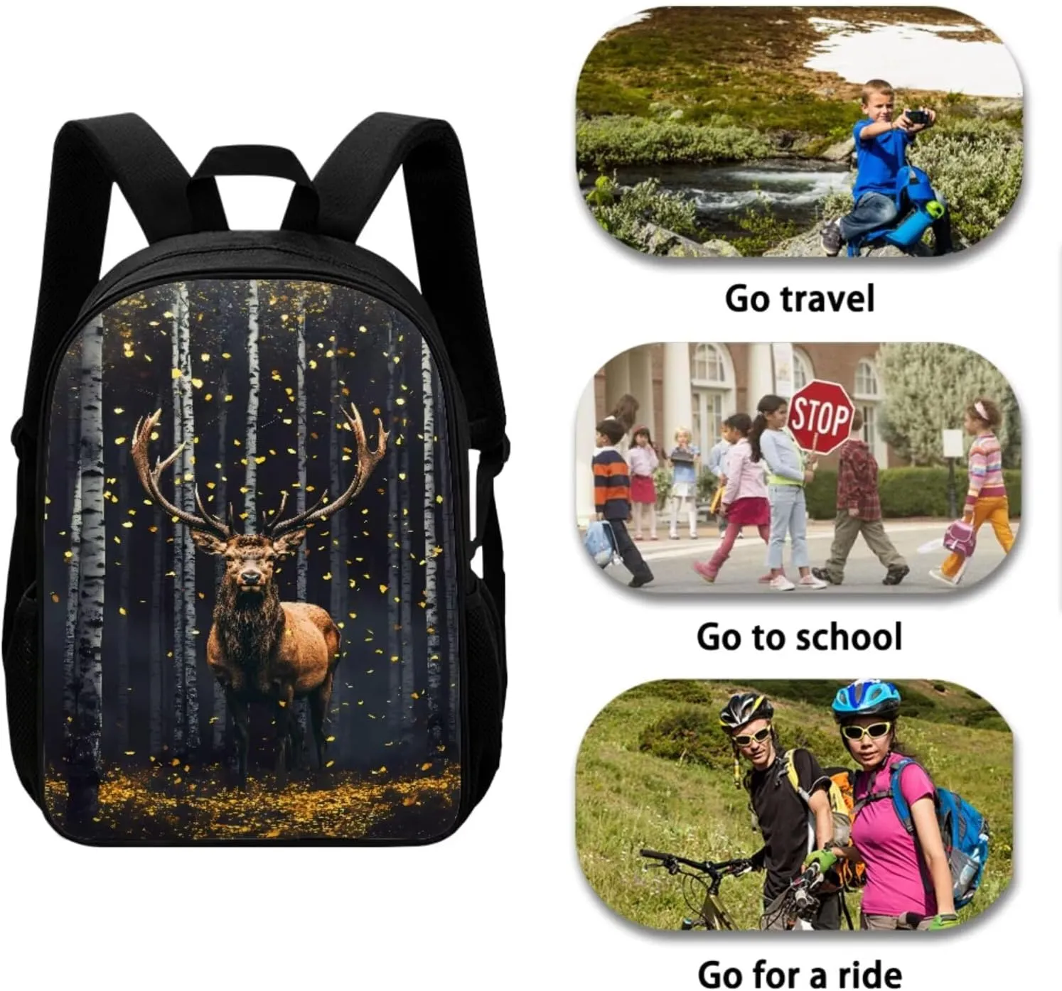 Xoenoiee Elk Forest Pattern School Backpack Set 4 Pieces Lightweight Teen Girls Boys Bookbags Lunch Bag Pencil Bag Students Back to School Gift
