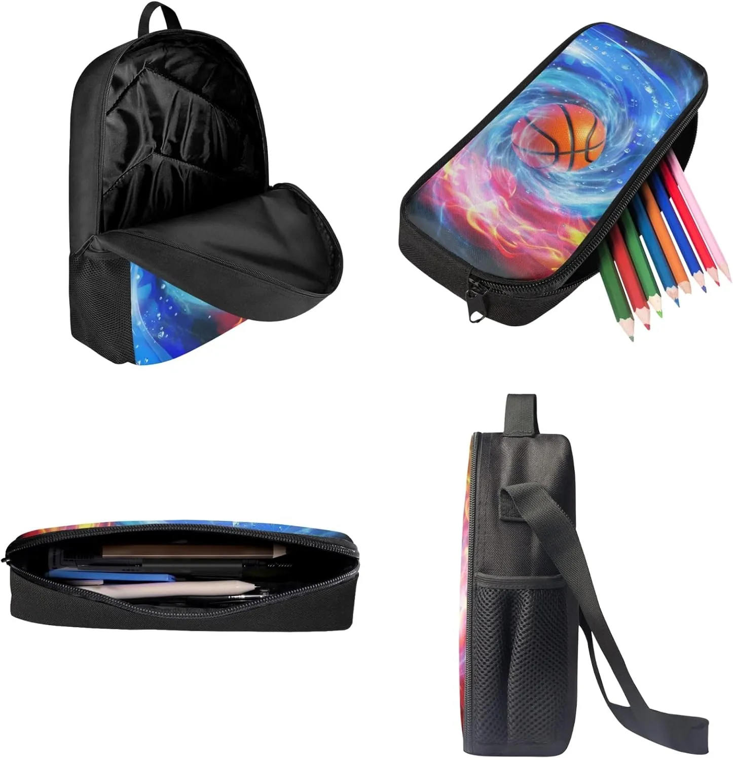 Xoenoiee Kids School Bags Pack of 3 Backpack & Insulated Lunch Bag Pencil Case Teen Girls Boys Elementary Travel Daypack Casual Rucksack Fire Vortex Basketball Pattern