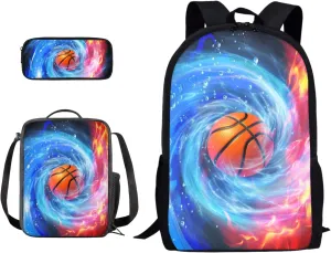 Xoenoiee Kids School Bags Pack of 3 Backpack & Insulated Lunch Bag Pencil Case Teen Girls Boys Elementary Travel Daypack Casual Rucksack Fire Vortex Basketball Pattern