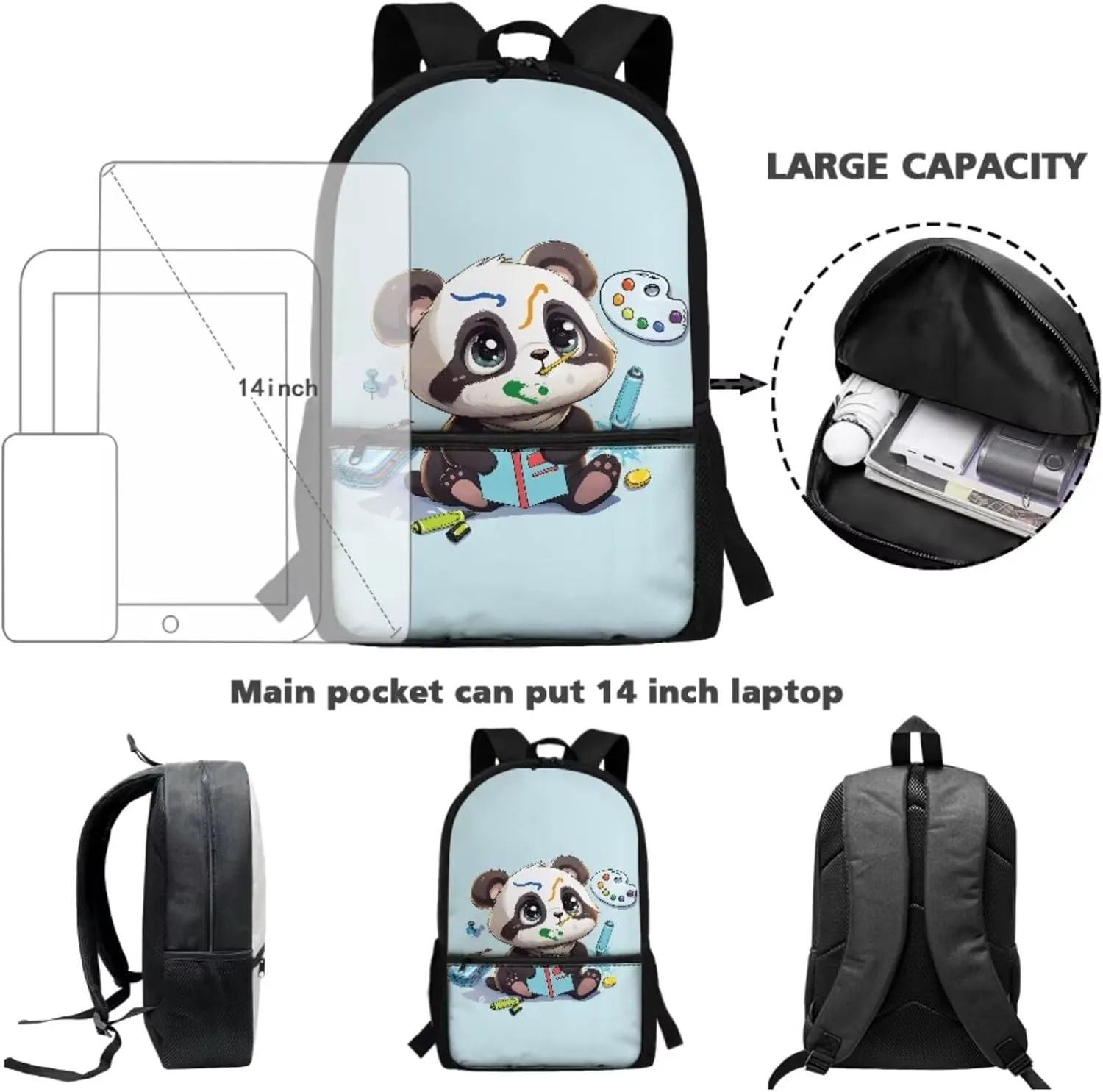 Xoenoiee Panda Drawing Blue Print Kids Backpack Set for Boys Girls 17in School Backpack & Lunch Bag & Pencil Bag 3 in 1 Set for School Picnic Travel Daypack