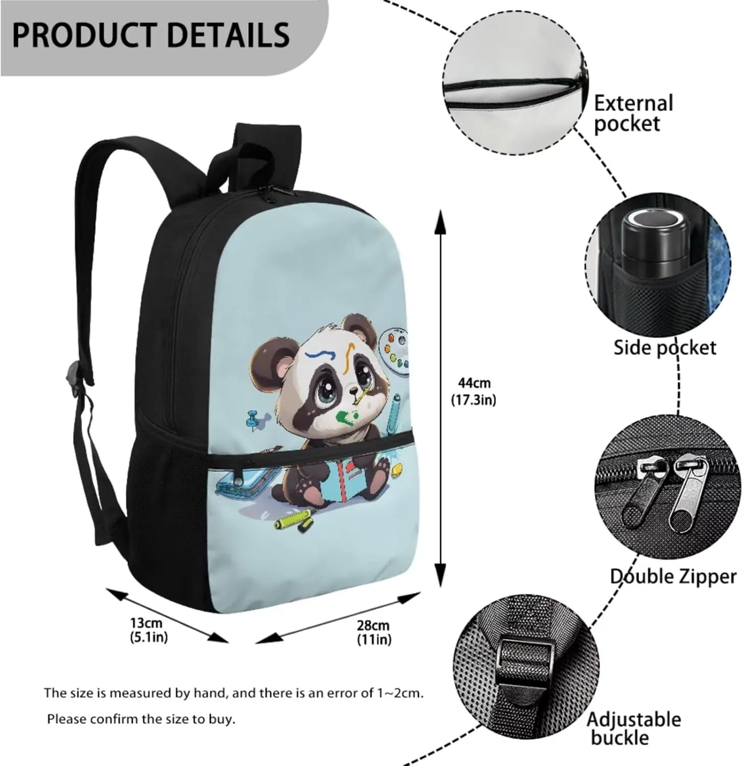 Xoenoiee Panda Drawing Blue Print Kids Backpack Set for Boys Girls 17in School Backpack & Lunch Bag & Pencil Bag 3 in 1 Set for School Picnic Travel Daypack