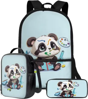 Xoenoiee Panda Drawing Blue Print Kids Backpack Set for Boys Girls 17in School Backpack & Lunch Bag & Pencil Bag 3 in 1 Set for School Picnic Travel Daypack