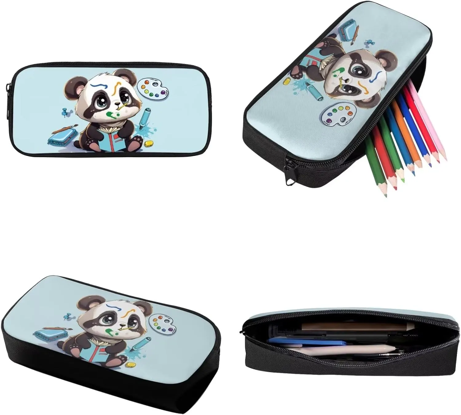 Xoenoiee Panda Drawing Blue Print Kids Backpack Set for Boys Girls 17in School Backpack & Lunch Bag & Pencil Bag 3 in 1 Set for School Picnic Travel Daypack