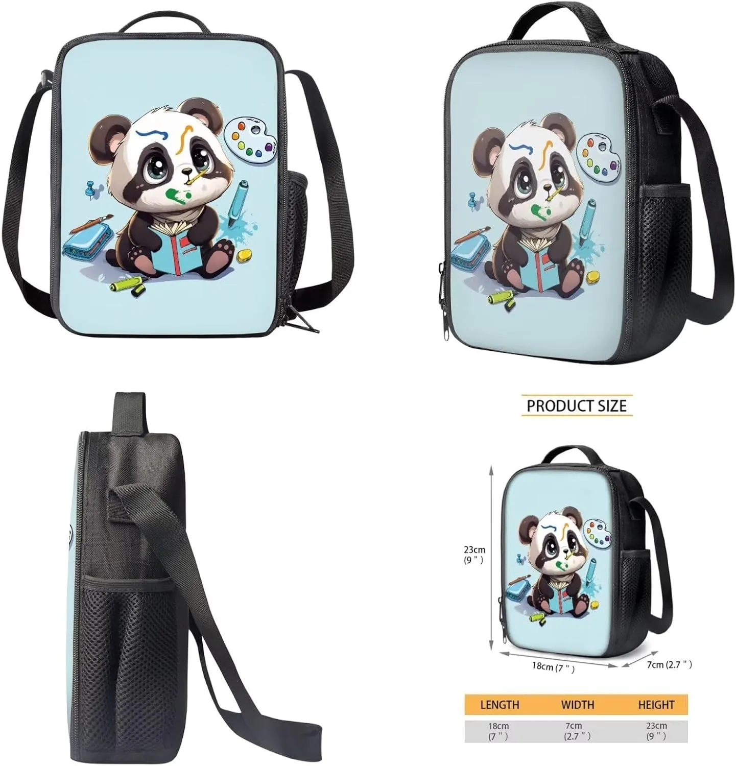 Xoenoiee Panda Drawing Blue Print Kids Backpack Set for Boys Girls 17in School Backpack & Lunch Bag & Pencil Bag 3 in 1 Set for School Picnic Travel Daypack