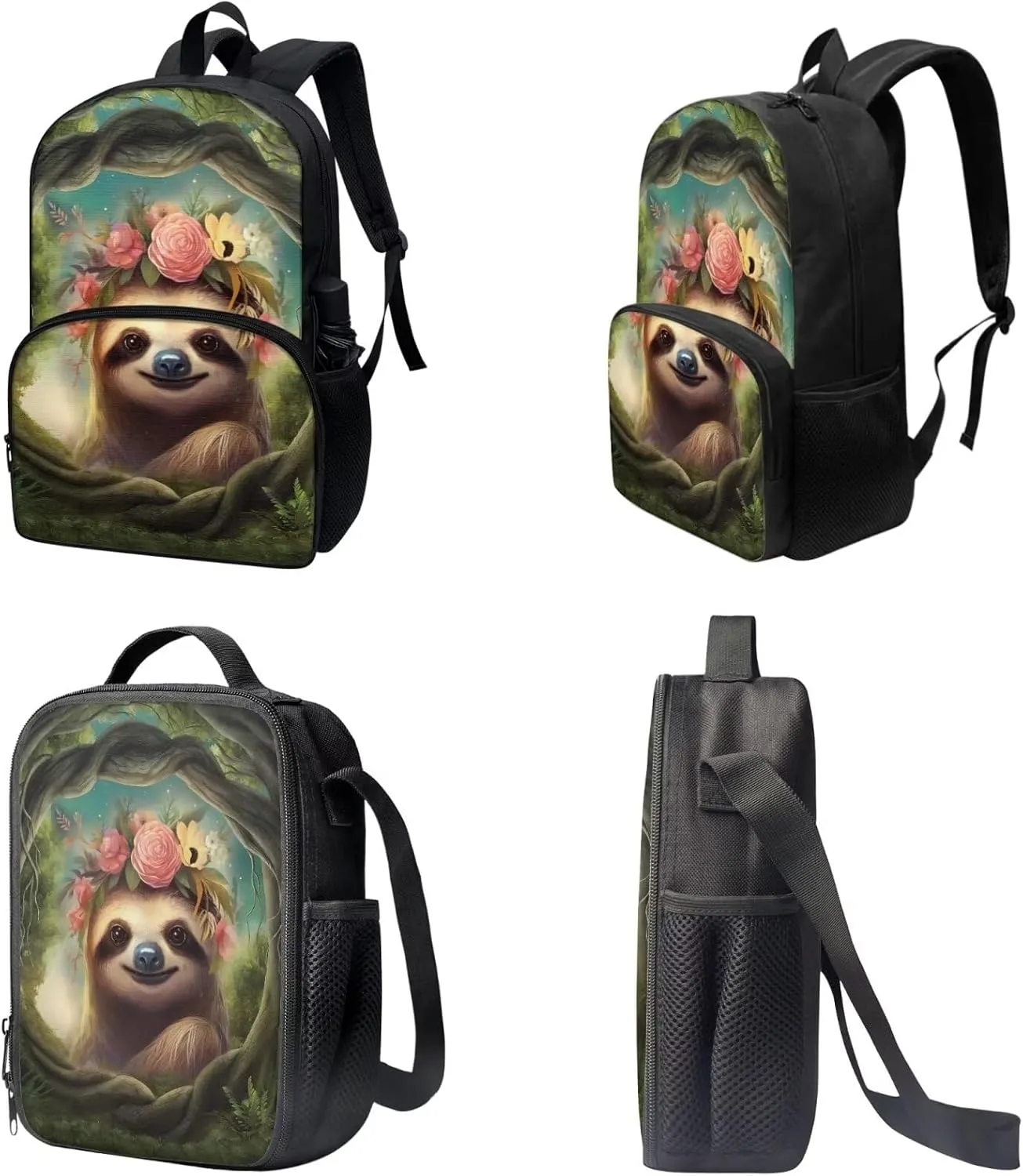 Xoenoiee Sloth Tree Floral Pattern Backpack Set with 17in Backpack Lunch Bag & Pencil Case, Schoolbag Sets for Boy Girl Students for School Travel Picnic