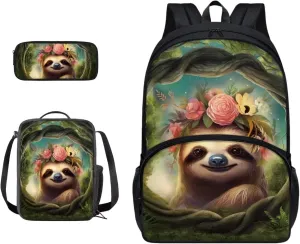 Xoenoiee Sloth Tree Floral Pattern Backpack Set with 17in Backpack Lunch Bag & Pencil Case, Schoolbag Sets for Boy Girl Students for School Travel Picnic