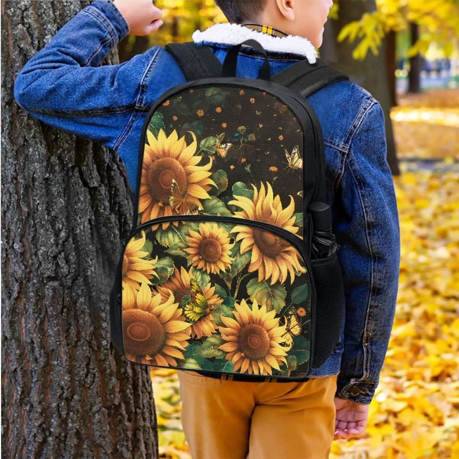 Xoenoiee Sunflower and Butterfly Pattern Kids Backpack Set for Boys Girls 17in School Backpack & Lunch Bag & Pencil Bag 3 in 1 Set for School Picnic Travel