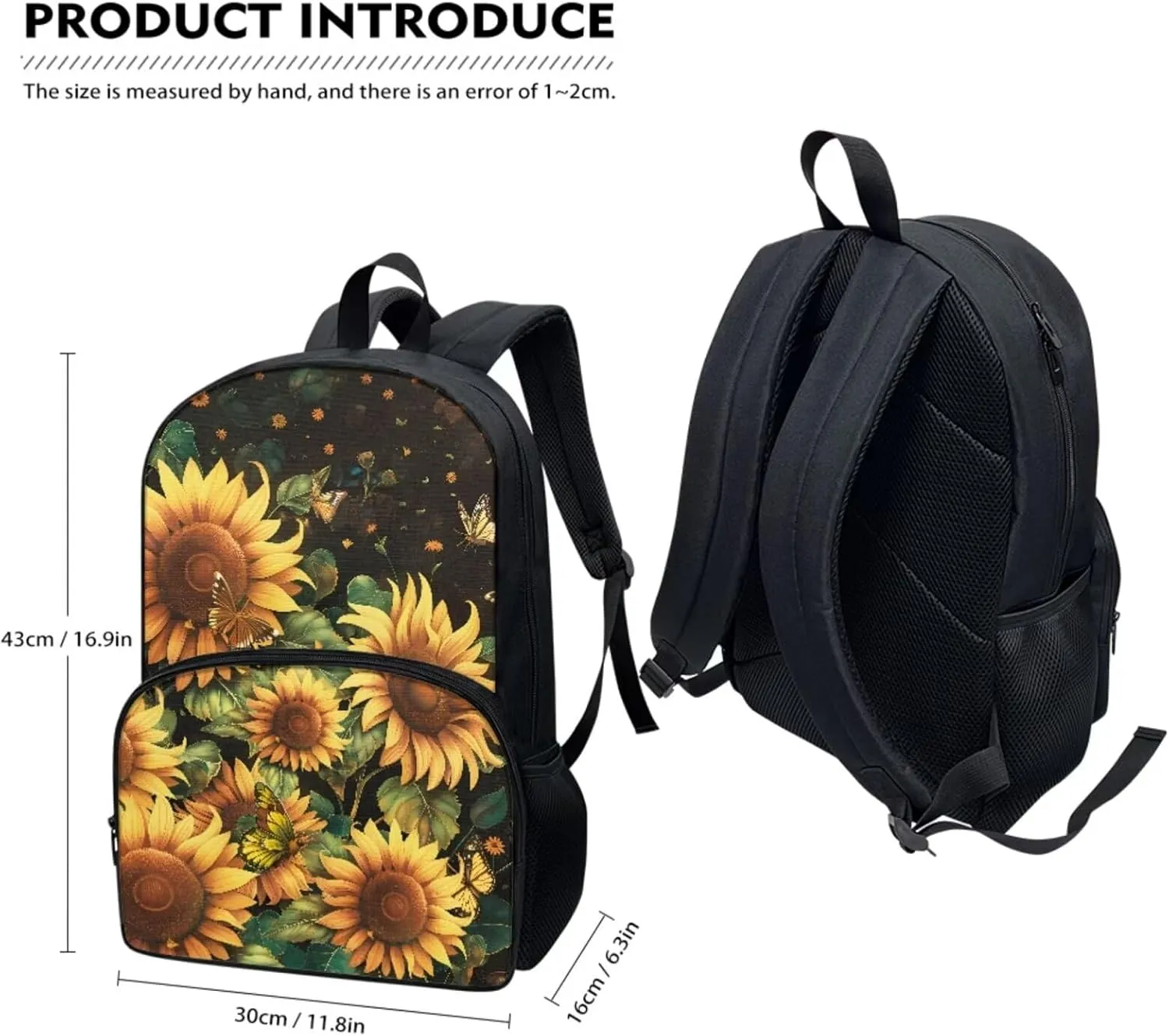 Xoenoiee Sunflower and Butterfly Pattern Kids Backpack Set for Boys Girls 17in School Backpack & Lunch Bag & Pencil Bag 3 in 1 Set for School Picnic Travel