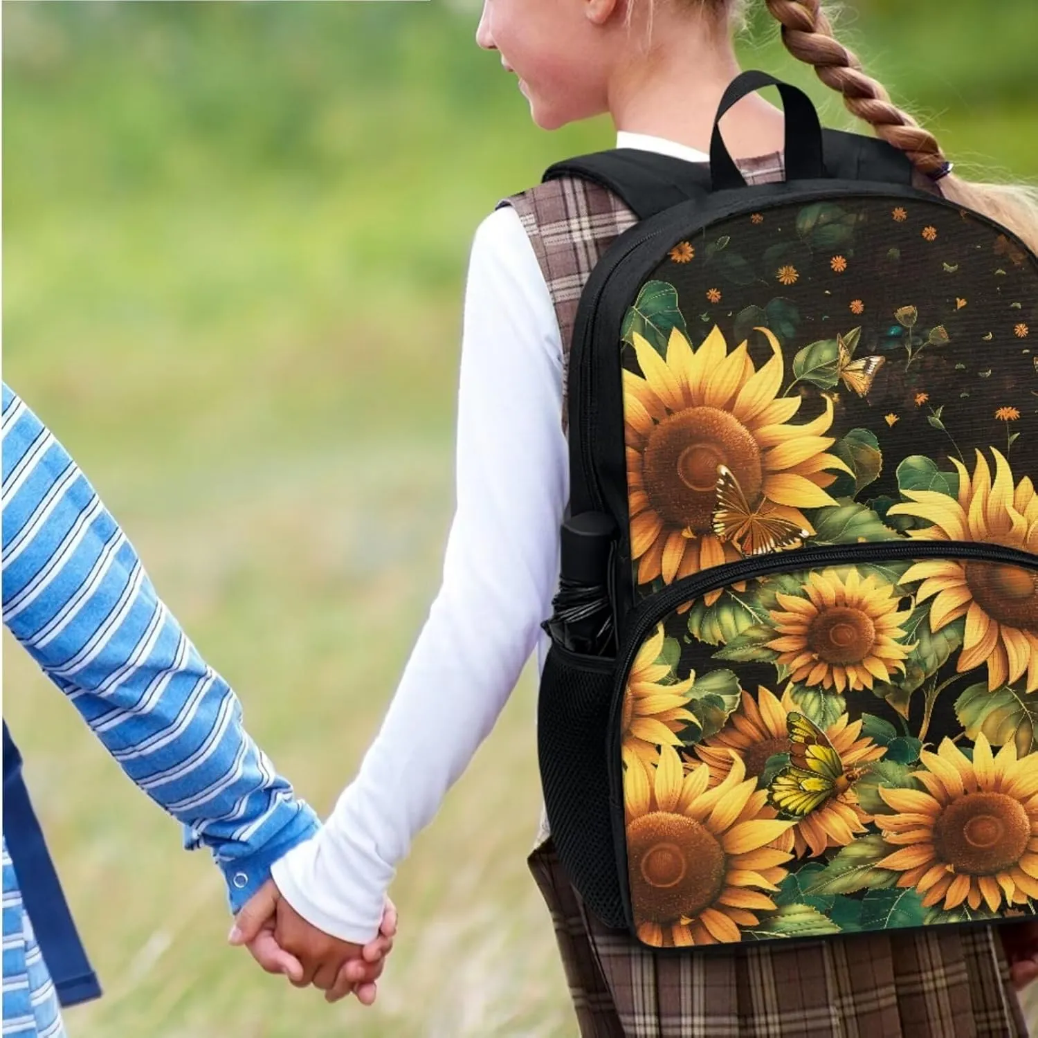 Xoenoiee Sunflower and Butterfly Pattern Kids Backpack Set for Boys Girls 17in School Backpack & Lunch Bag & Pencil Bag 3 in 1 Set for School Picnic Travel