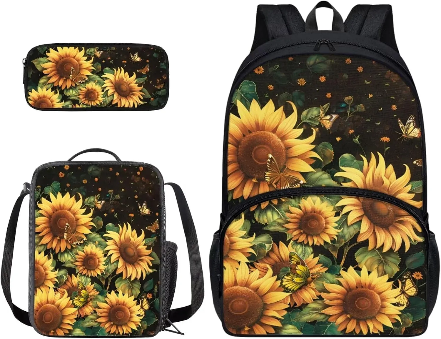 Xoenoiee Sunflower and Butterfly Pattern Kids Backpack Set for Boys Girls 17in School Backpack & Lunch Bag & Pencil Bag 3 in 1 Set for School Picnic Travel
