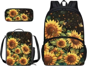 Xoenoiee Sunflower and Butterfly Pattern Kids Backpack Set for Boys Girls 17in School Backpack & Lunch Bag & Pencil Bag 3 in 1 Set for School Picnic Travel