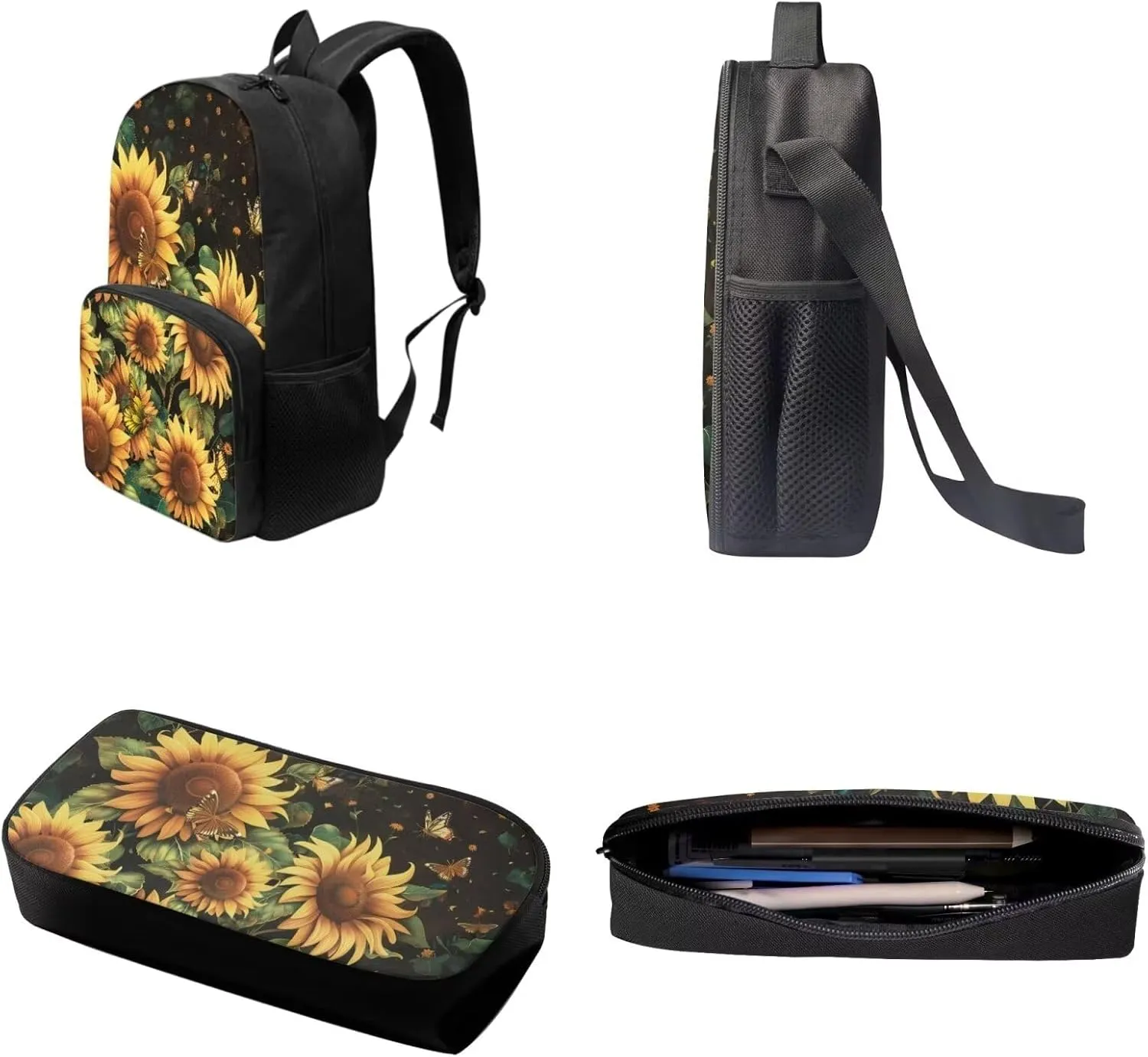 Xoenoiee Sunflower and Butterfly Pattern Kids Backpack Set for Boys Girls 17in School Backpack & Lunch Bag & Pencil Bag 3 in 1 Set for School Picnic Travel