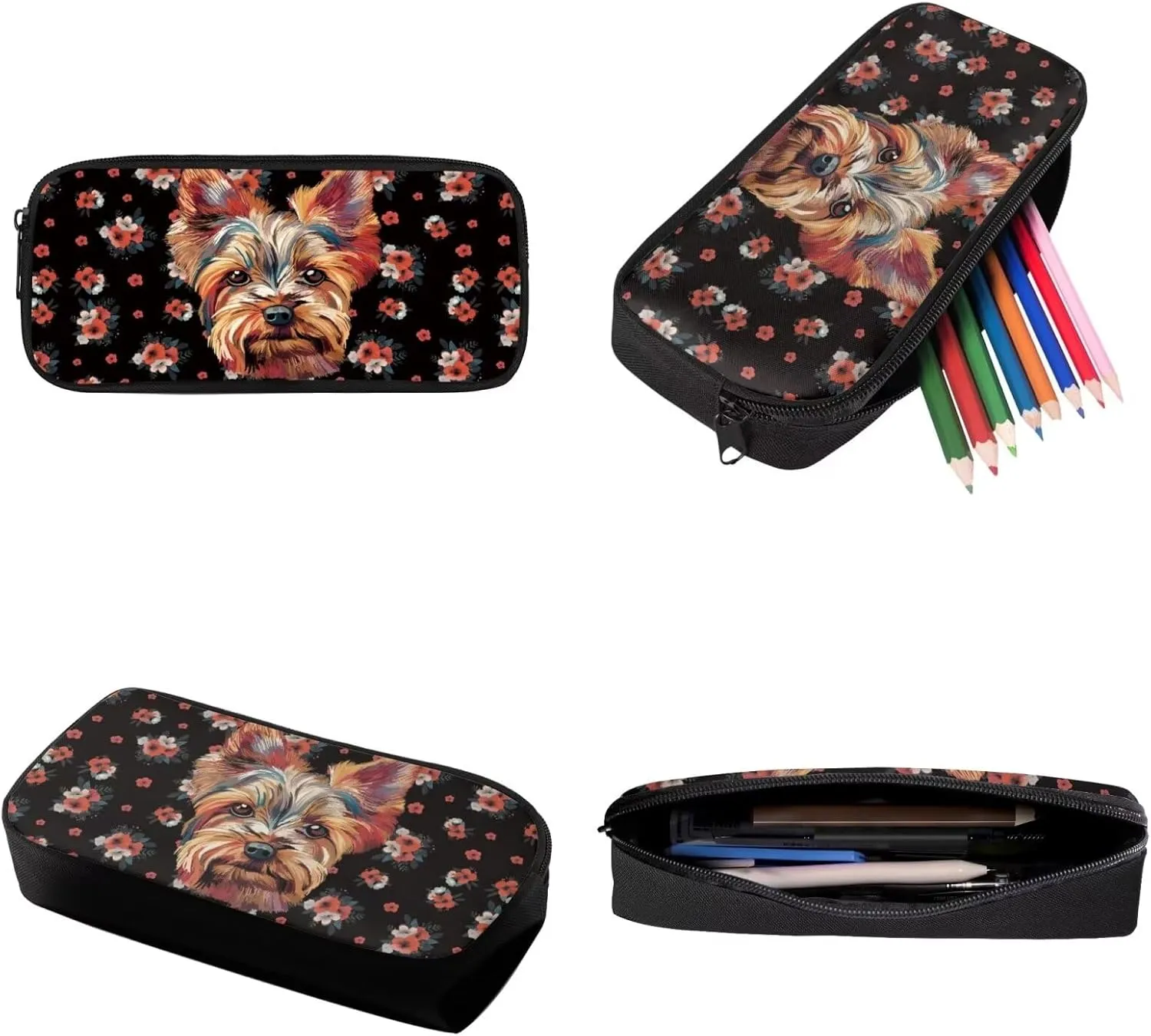 Xoenoiee Yorkshire Terrier Floral Pattern Backpack Set with 17in Backpack Lunch Bag & Pencil Case, Schoolbag Sets for Boy Girl Students for School Travel Picnic