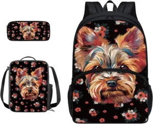 Xoenoiee Yorkshire Terrier Floral Pattern Backpack Set with 17in Backpack Lunch Bag & Pencil Case, Schoolbag Sets for Boy Girl Students for School Travel Picnic