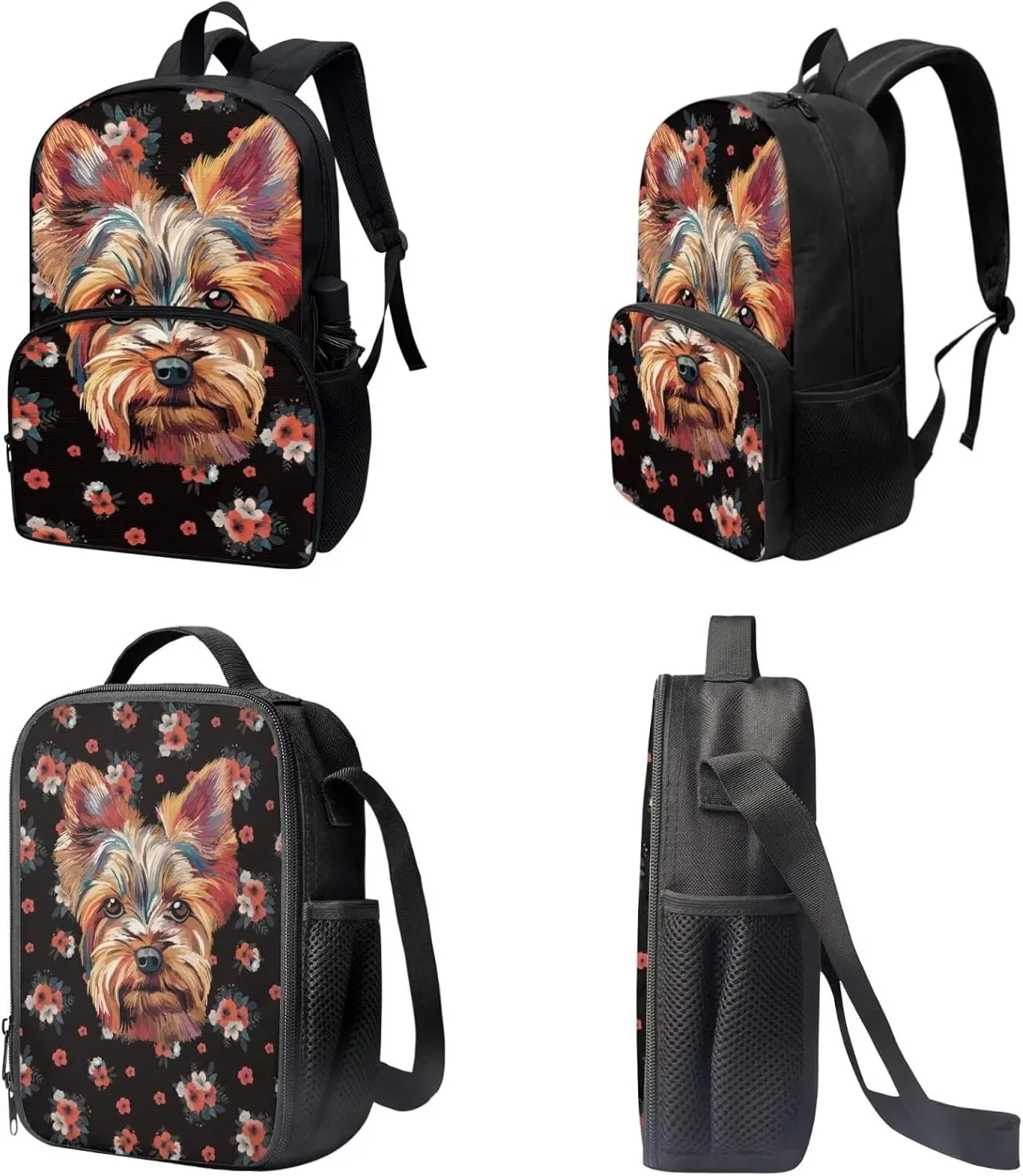 Xoenoiee Yorkshire Terrier Floral Pattern Backpack Set with 17in Backpack Lunch Bag & Pencil Case, Schoolbag Sets for Boy Girl Students for School Travel Picnic