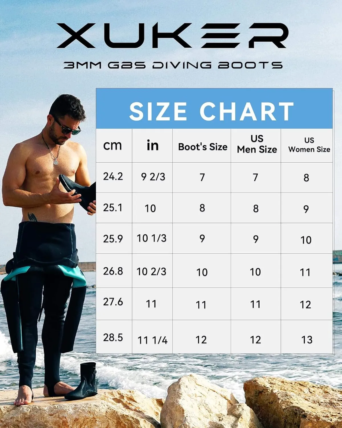 XUKER Neoprene Diving Boots, 3mm 5mm Water Shoes Glued Blind Stitched Wetsuit Booties Adult Men Women with Anti-Slip Rubber Sole Side Zipper
