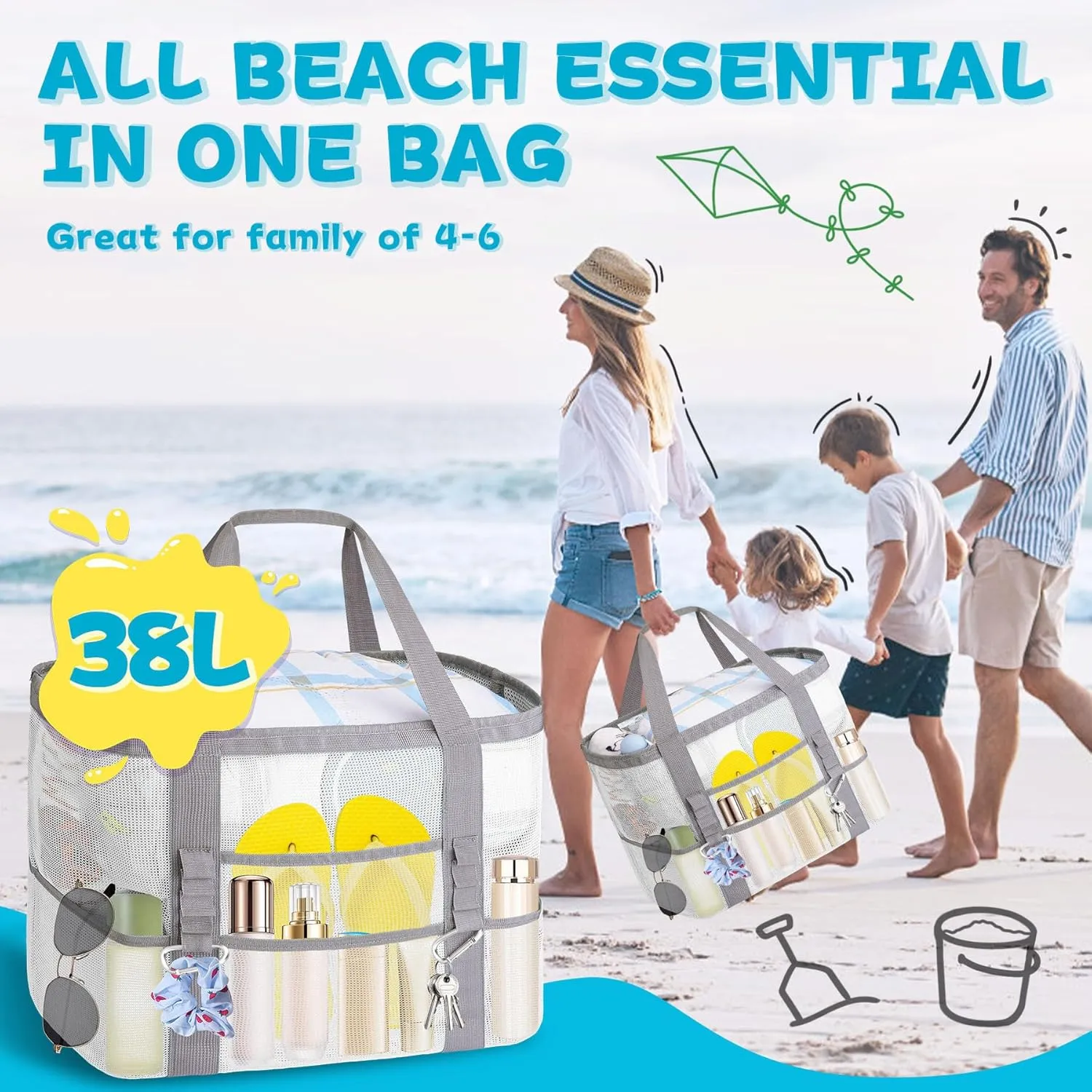XX-Large Mesh Beach Bag Tote with 9 Pockets for Vacation/Travel & Beach Essentials