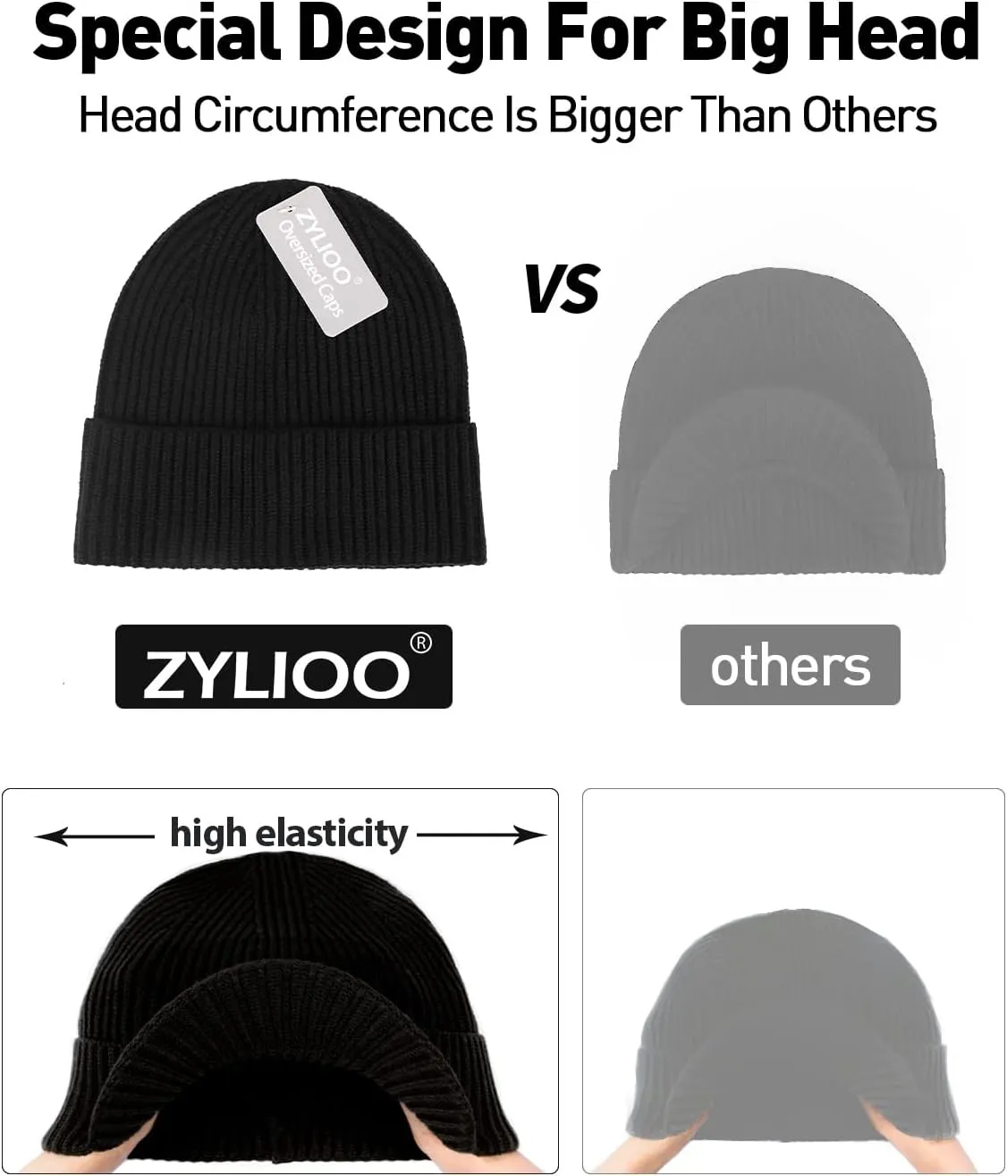 XXL/XL/L/M/S Beanie Hats,Plus Size Cuffed Knitted Hats,Large Ribbed Skull Cap for Big Heads,Small Winter Watch Cap