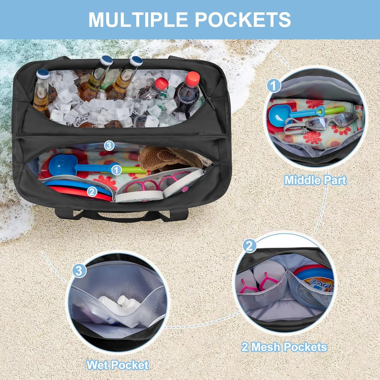 Yarwo Large Beach Bag with Cooler Section, XL Beach Vacation Tote Bag with Wet Dry Pockets and Luggage Strap for Swim, Pool