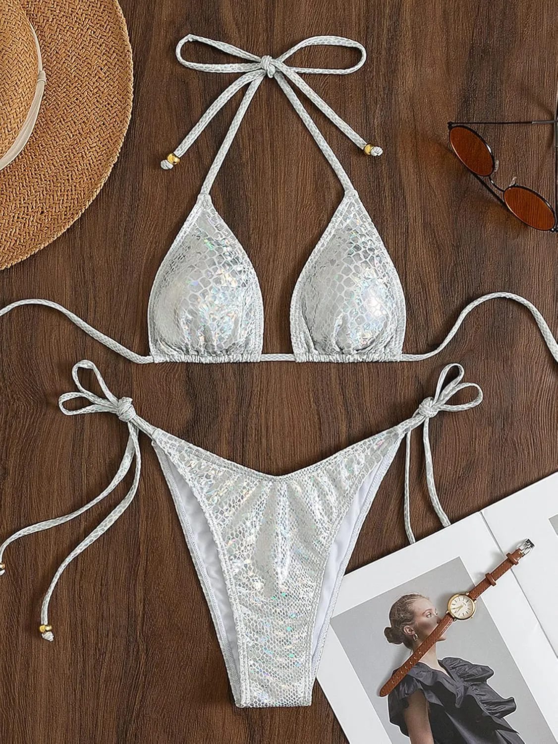 YAUASOPA Womens Triangle Bikini Sets Striped Halter String Bathing Suit 2 Piece Tie Side Swimsuit