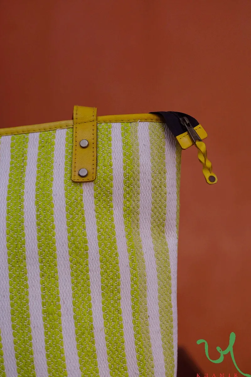 Yellow and White Striped Upcycled Plastic handwoven Tote Bag