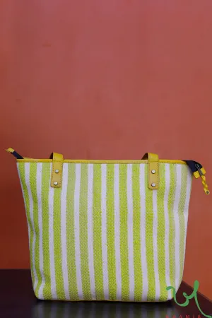 Yellow and White Striped Upcycled Plastic handwoven Tote Bag