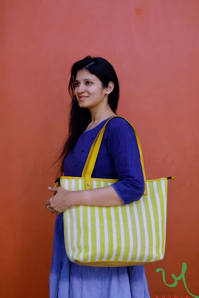 Yellow and White Striped Upcycled Plastic handwoven Tote Bag