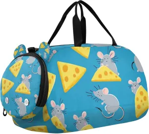 Yellow Cheese Slices and Grey Mouse Sports Duffle Bag for Teens Girls Boys, Gym Bag with Shoe Compartment, Kids Travel Overnight Weekender Shoulder Bag
