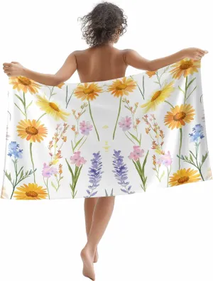 Yellow Daisies Floral Microfiber Sandproof Beach Towel for Pool Swimming, Spring Botanical Farmhouse Quick Dry Absorbent Soft Towels for Bath Camping Travel, Lightweight Breathable 30"x60"