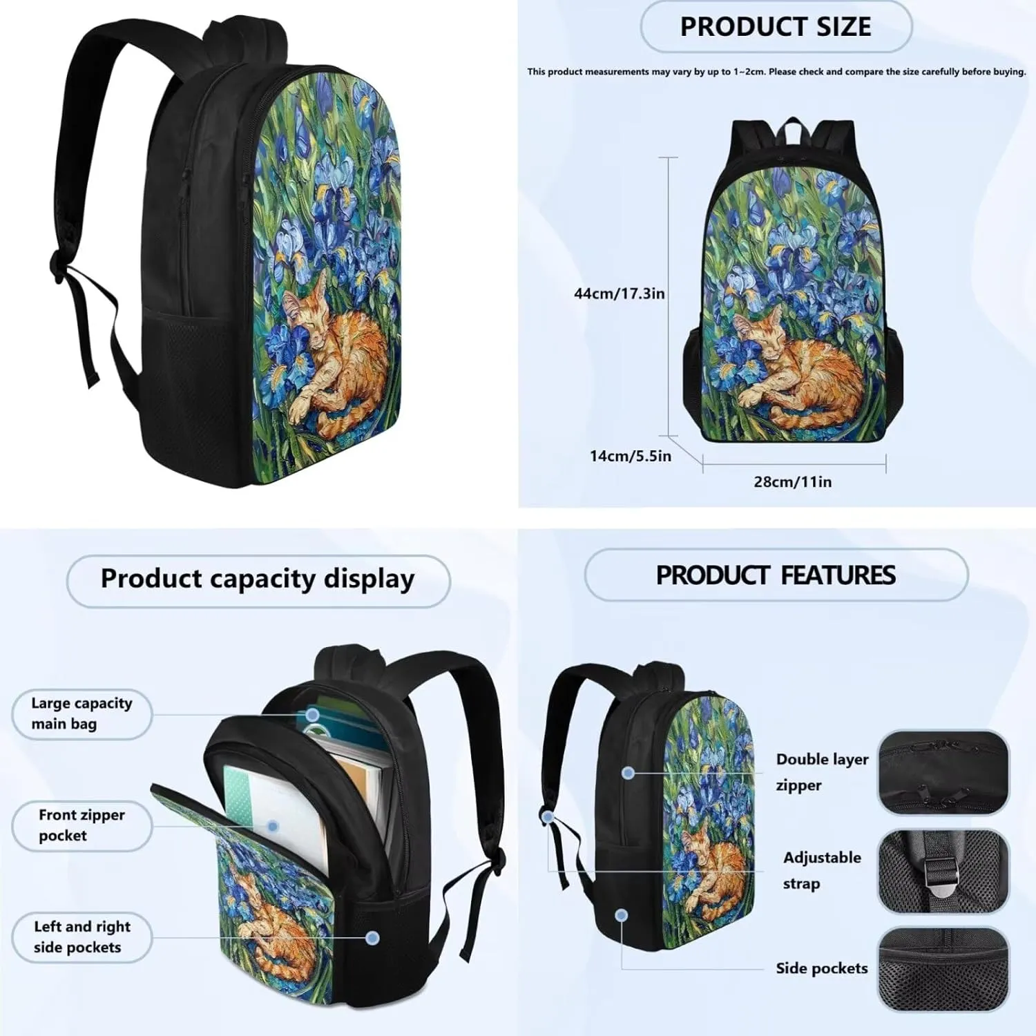 YEXIATODO Iris Cat Backpack and Lunch Box Set with Pencil Case Water Bottle Holder Girls School Backpack Daypack Shoulder Bags Middle-School Elementary Bookbags 17 inch