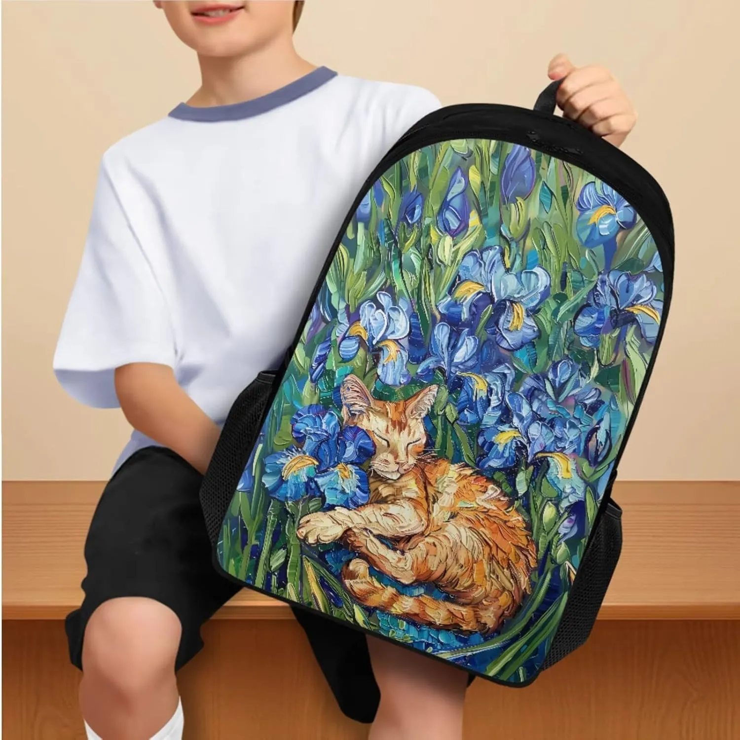 YEXIATODO Iris Cat Backpack and Lunch Box Set with Pencil Case Water Bottle Holder Girls School Backpack Daypack Shoulder Bags Middle-School Elementary Bookbags 17 inch