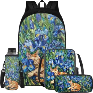 YEXIATODO Iris Cat Backpack and Lunch Box Set with Pencil Case Water Bottle Holder Girls School Backpack Daypack Shoulder Bags Middle-School Elementary Bookbags 17 inch