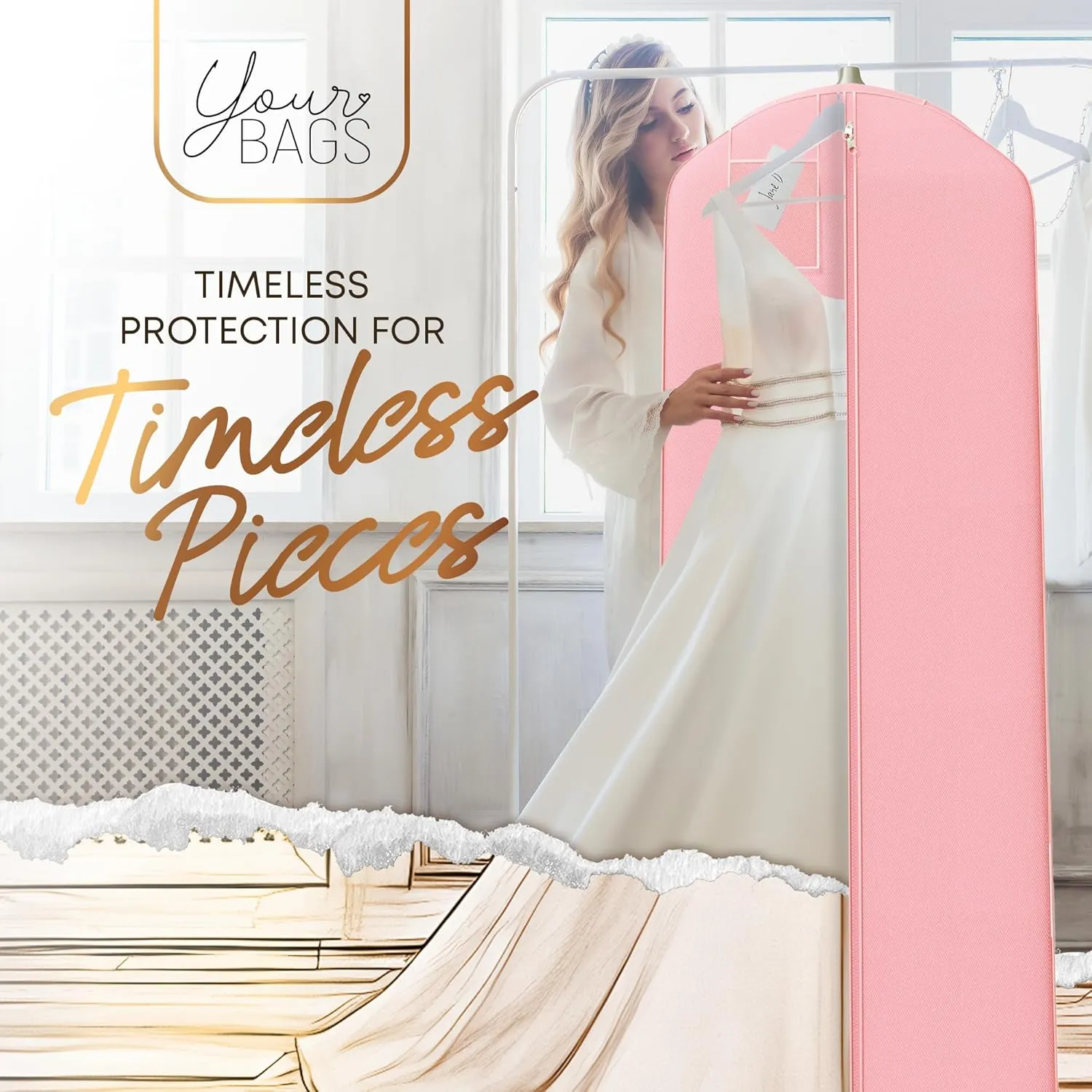 Your Bags Wedding Dress Garment Bag – 72" Garment Bags for Hanging Clothes with 20" Gusset for Puffy Gowns – Durable Dress Cover for Travel or Storage – Rip-Resistant with ID Window - Lt Pink