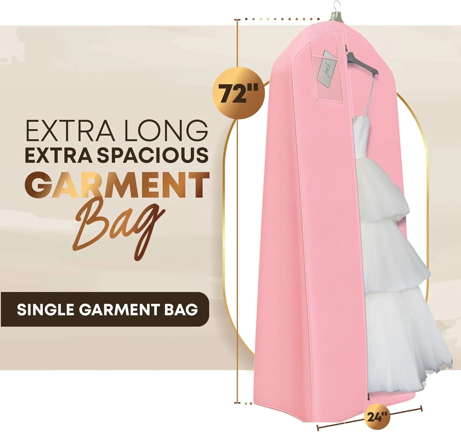 Your Bags Wedding Dress Garment Bag – 72" Garment Bags for Hanging Clothes with 20" Gusset for Puffy Gowns – Durable Dress Cover for Travel or Storage – Rip-Resistant with ID Window - Lt Pink