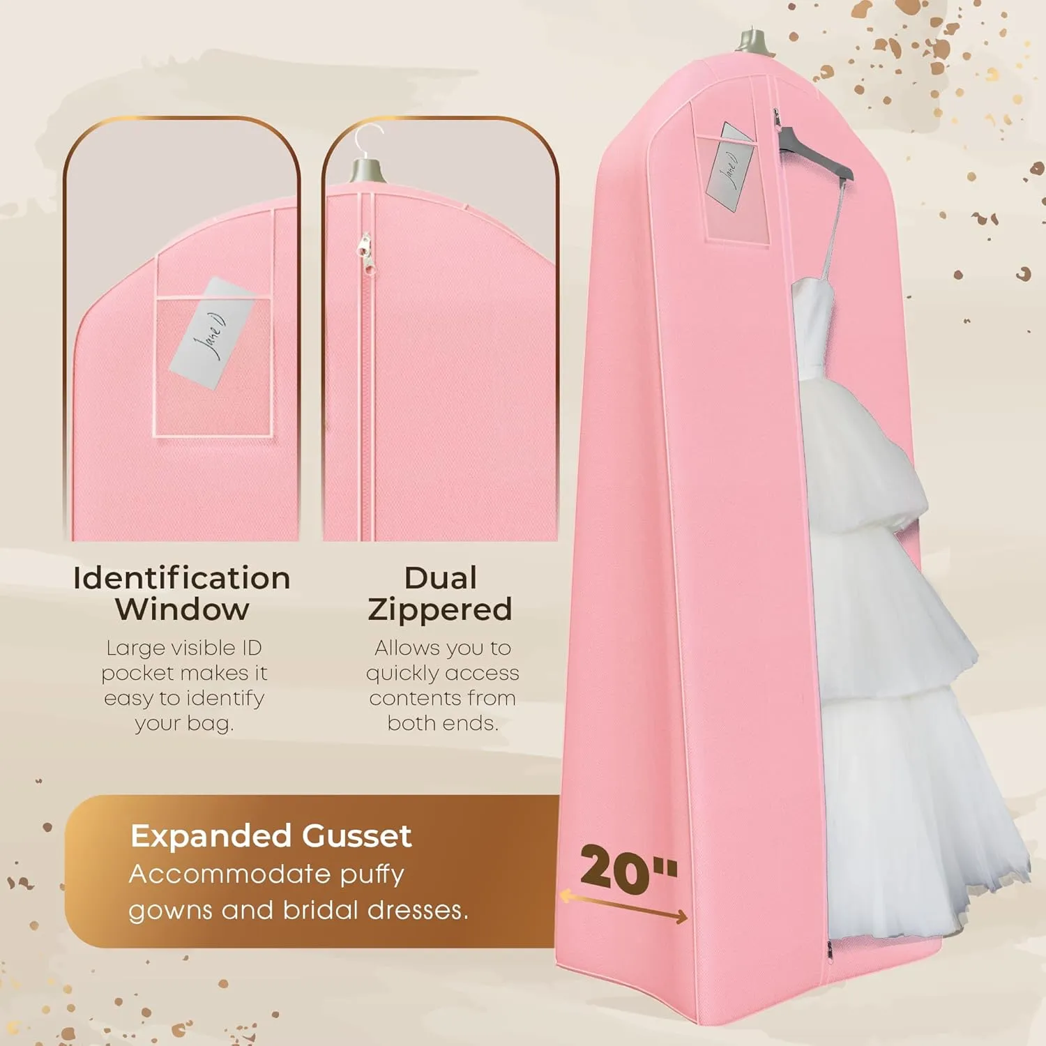 Your Bags Wedding Dress Garment Bag – 72" Garment Bags for Hanging Clothes with 20" Gusset for Puffy Gowns – Durable Dress Cover for Travel or Storage – Rip-Resistant with ID Window - Lt Pink