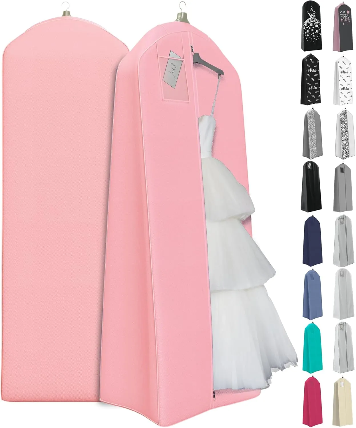 Your Bags Wedding Dress Garment Bag – 72" Garment Bags for Hanging Clothes with 20" Gusset for Puffy Gowns – Durable Dress Cover for Travel or Storage – Rip-Resistant with ID Window - Lt Pink