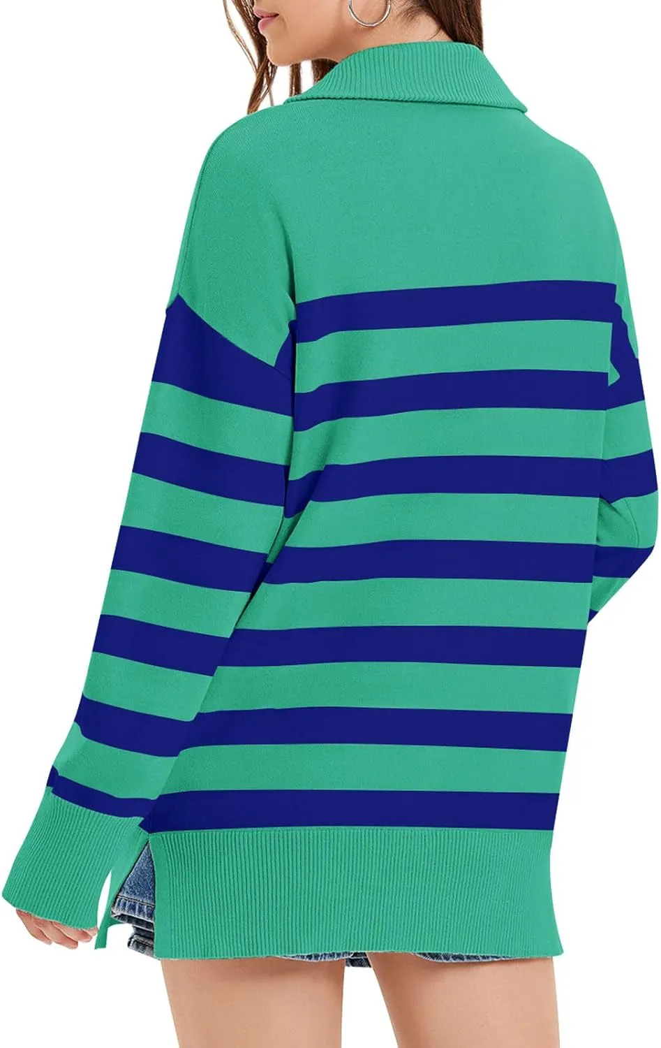 Yousify Women’s Casual Long Sleeve Half Zip Striped Pullover Sweaters V Neck Color Block Ribbed Knit Loose Jumper Tops