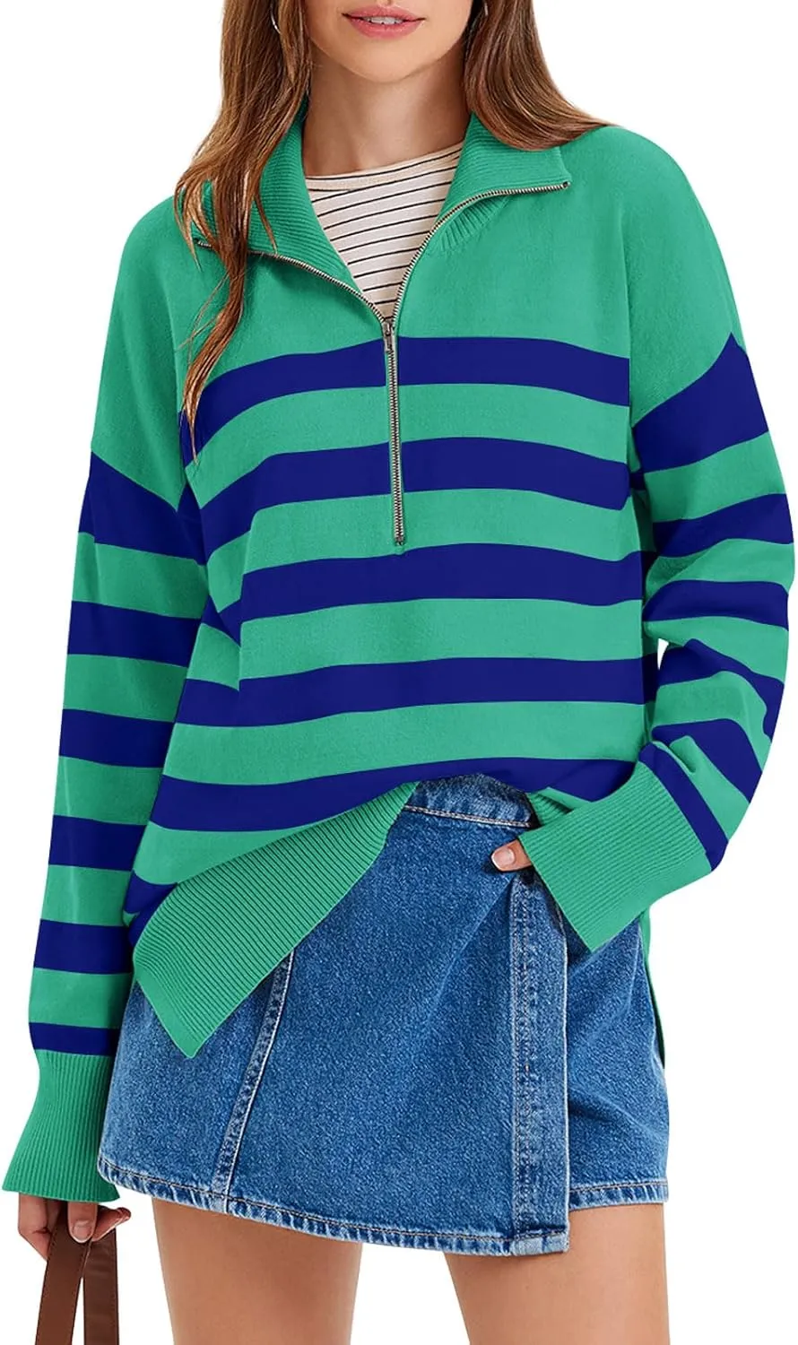 Yousify Women’s Casual Long Sleeve Half Zip Striped Pullover Sweaters V Neck Color Block Ribbed Knit Loose Jumper Tops